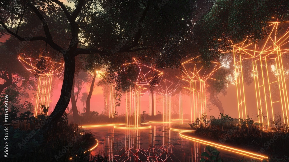 Poster surreal vr forest installation an immersive digital landscape experience in a futuristic virtual rea