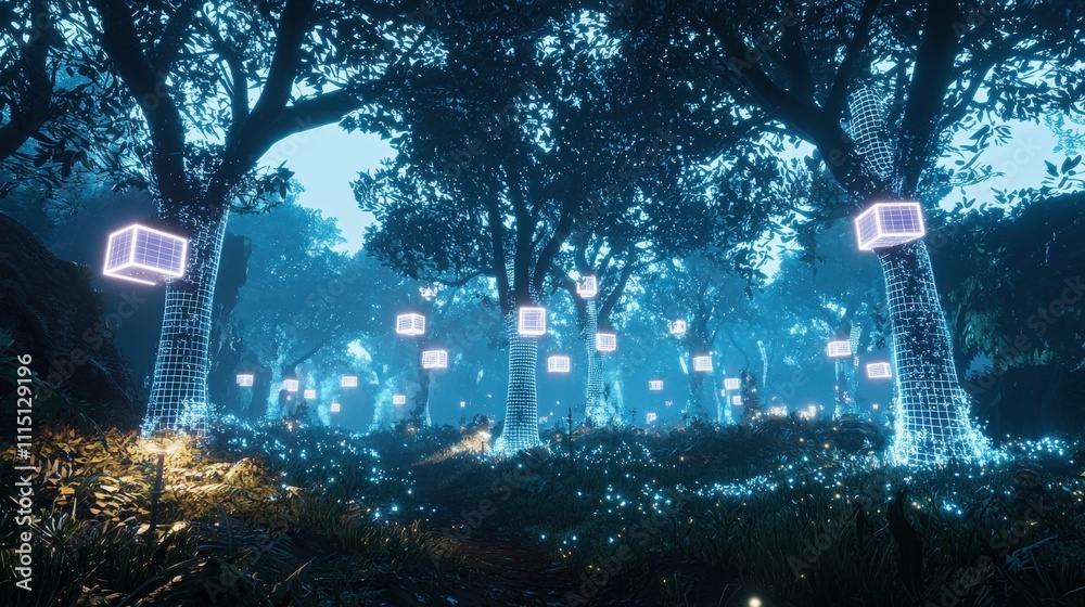 Poster enchanted virtual forest installation a dreamlike immersive experience in a surreal digital realm fo