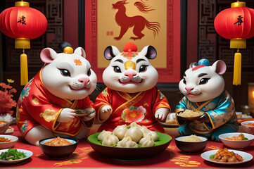 Obraz premium Chinese zodiac animals dressed in unique traditional attire, gathered around a lavish table enjoying dumplings, noodles, and various delicacies. Chinese New Year concept