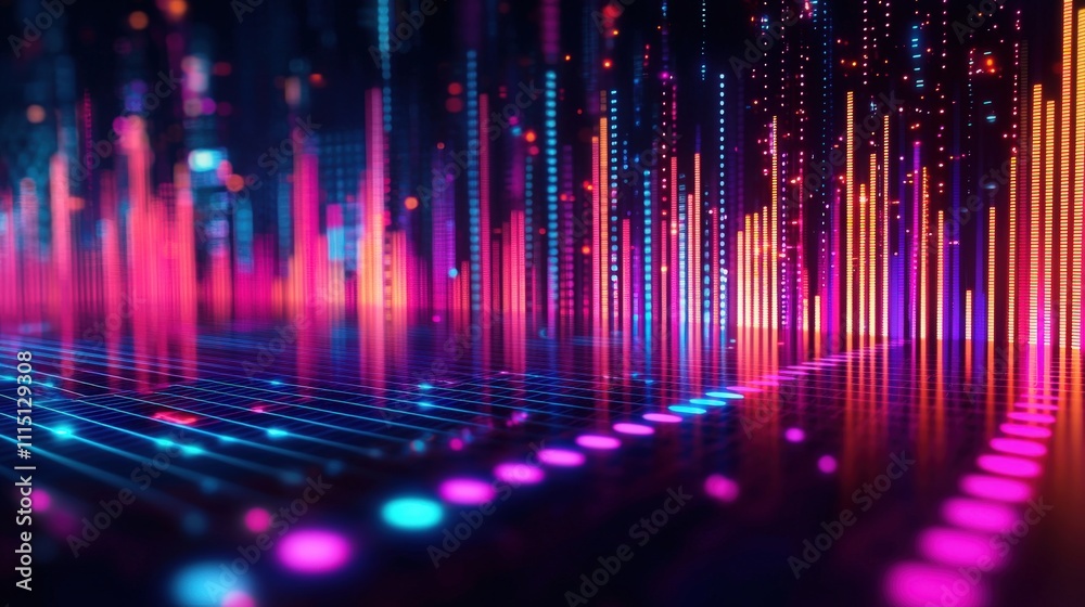 Poster Dynamic equalizer bars dance in a vivid digital environment capturing audio-visual harmony and motion art