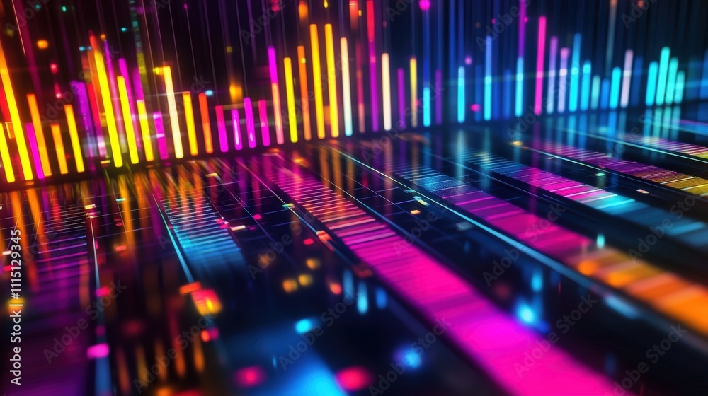 Aufkleber Dynamic equalizer bars dance in vivid digital environment colorful visuals tech art abstract viewpoint creative concept