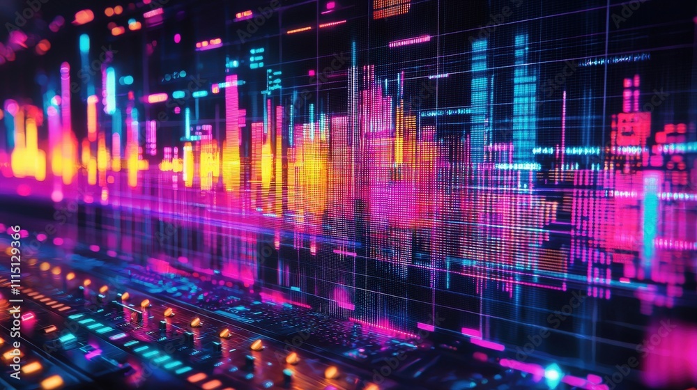 Poster dynamic equalizer bars dance in a vivid digital environment illustrating sound waves technology abst