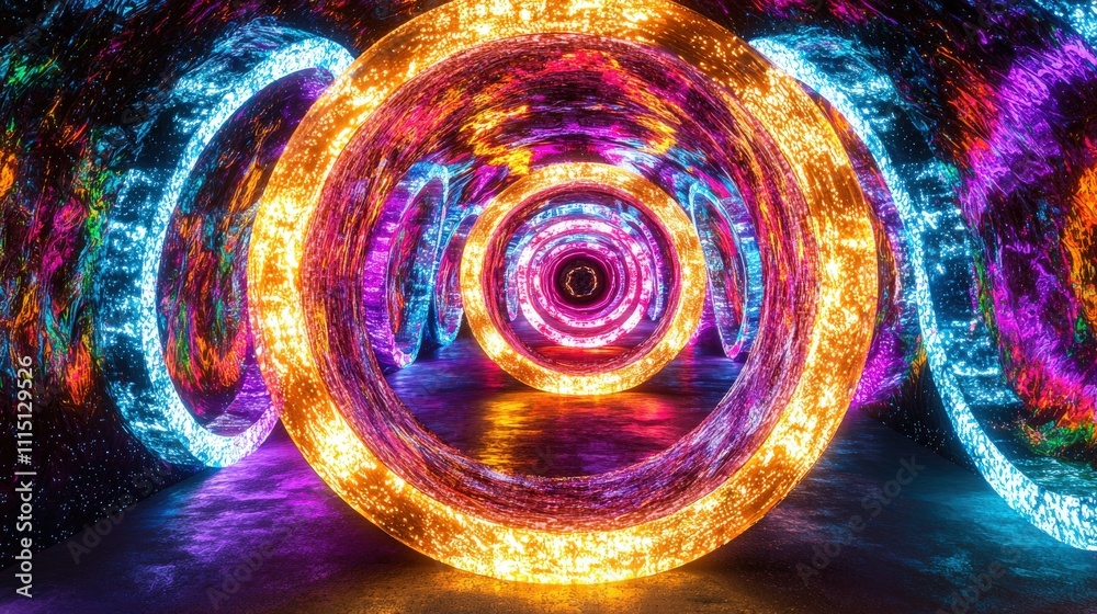 Poster luminous infinity tunnel installation a vr-inspired immersive digital art experience for tech enthus
