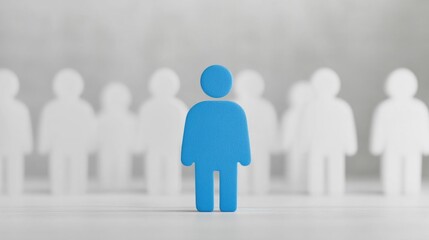 working with confidence and engaging in a social concept, A blue person stands out among the white people in the background
