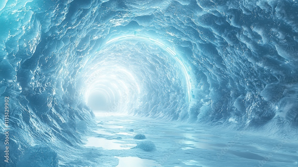 Poster icy neon tunnel journey abstract environment digital art surrealistic atmosphere immersive viewpoint
