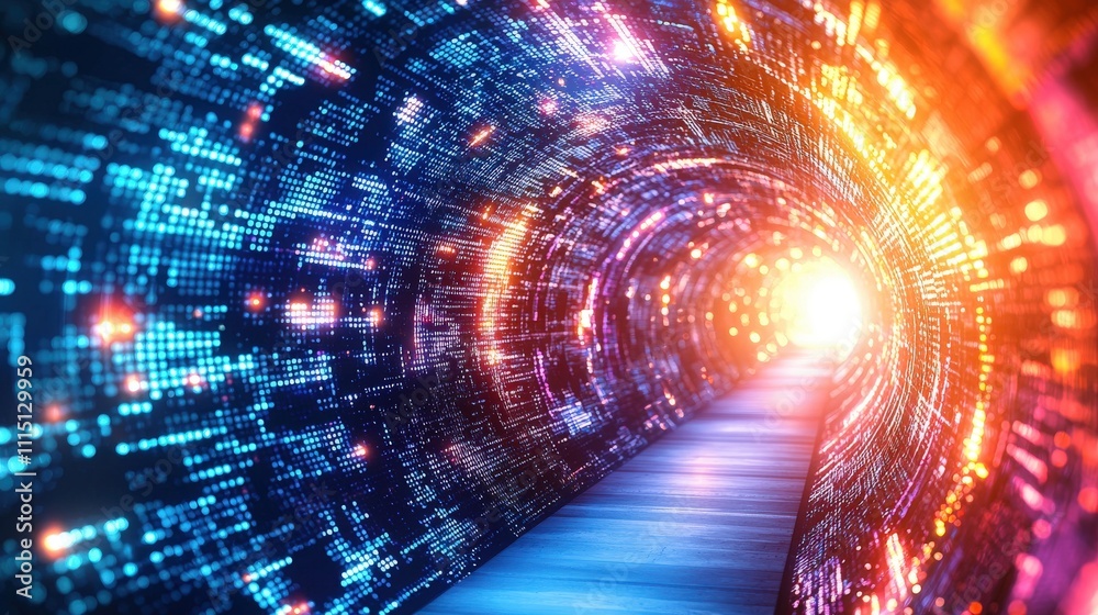 Aufkleber Dynamic data flow in a neonlit tunnel virtual space digital art futuristic environment abstract perspective for seo benefits