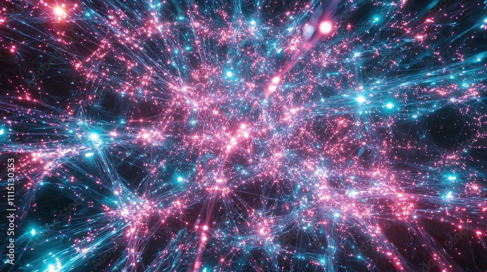 Poster Futuristic cosmic realm abstract visualization of quantum communication networks in a vibrant digital art space