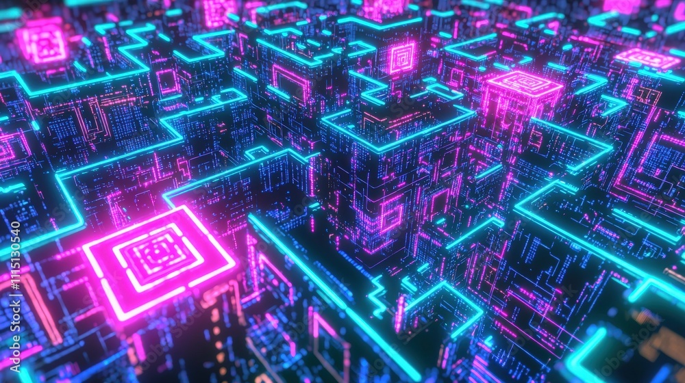 Poster Exploring a neon digital labyrinth aerial view of a futuristic 3d virtual space and technology concept