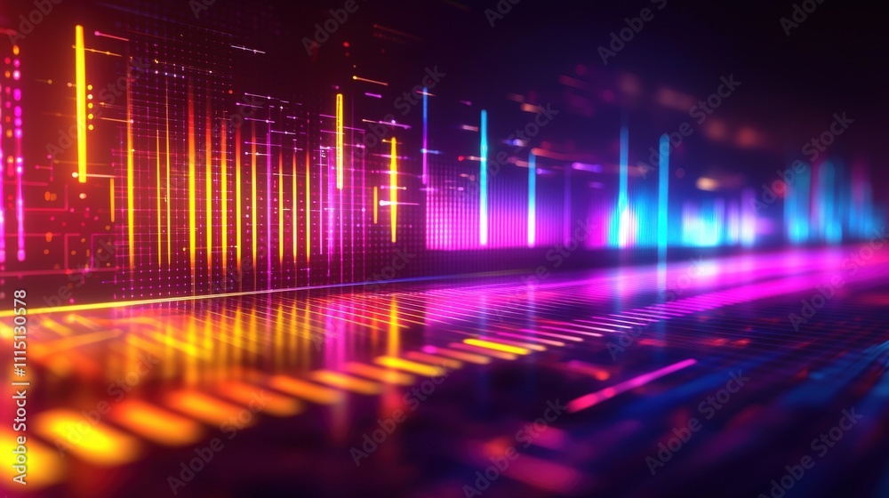 Aufkleber Futuristic neon equalizer bars pulsing in vibrant digital environment visual art abstract concept nightscape dynamic scene