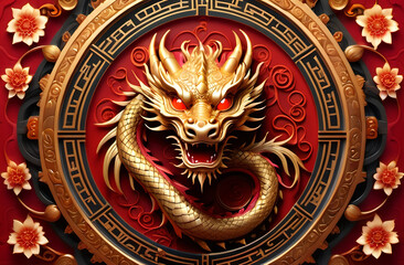 Fototapeta premium A golden dragon intertwined with a circular Chinese zodiac wheel, with glowing zodiac symbols radiating light against a vibrant red background. Chinese New Year illustration