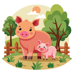Cartoon Pig Family Illustration - Farm Scene with Cute Pig and Piglet