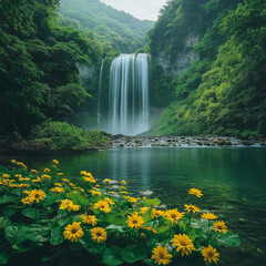 a scene of falling waterfalls