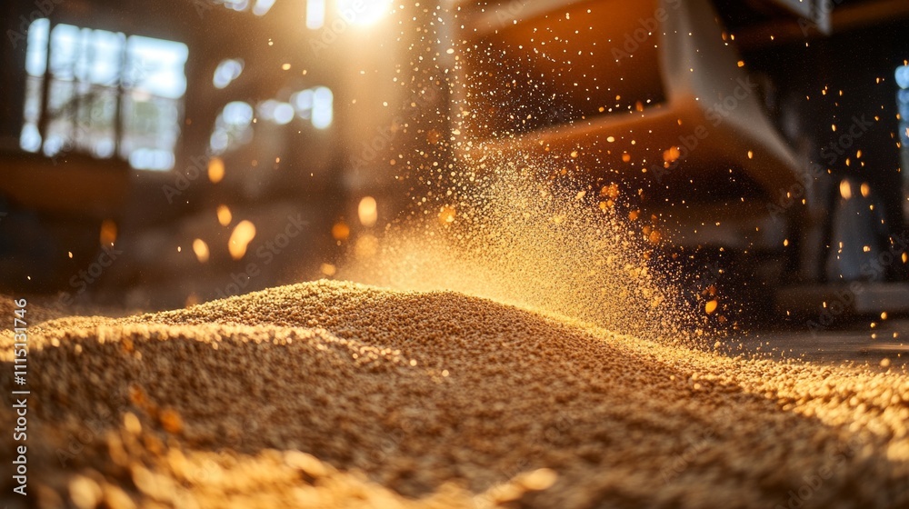 Poster warm sunlight filters through the windows of a rustic workshop, casting a golden hue on a mound of f