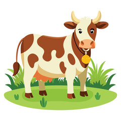 Cartoon Cow Illustration - Cute Farm Animal on Green Pasture