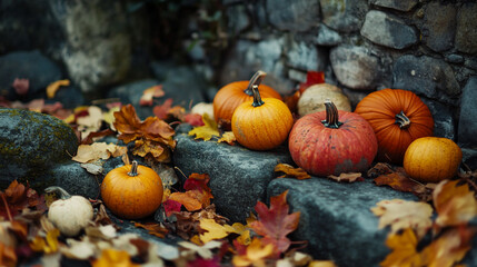 Vibrant pumpkins and autumn leaves create a cozy fall atmosphere in a garden setting
