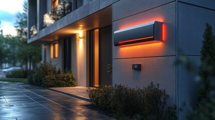 Innovative smart mail delivery box with holographic interface outside a modern building