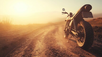 Serene motorcycle on a dusty road at sunset
