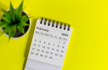 Desktop calendar for February 2025 on a yellow background.