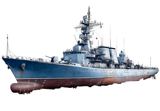 Military navy Russian missle ship sinked destroyed by Ukraine. Military Russian warship in PNG isolated on transparent background