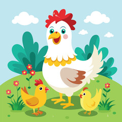 Cartoon Hen and Chicks Illustration - Farmyard Scene with Mother Hen and Baby Chickens