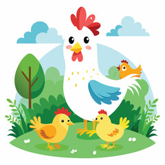 Cartoon Hen and Chicks Illustration - Farmyard Scene with Mother Hen and Baby Chickens