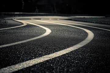 Curving running track with white lane markings on dark asphalt. Ideal for concepts of sports, fitness, and competition.