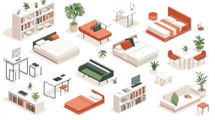 3D isometric illustrations of modern furniture pieces like tables, beds, and indoor plants.