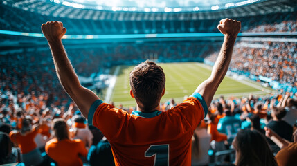Fans waving flags at a stadium, expressing pride, live sports energy.