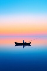 Obraz premium Calm interior picture of fishing from a boat in calm water, relaxation, hobby and quiet holiday concept, free copy space