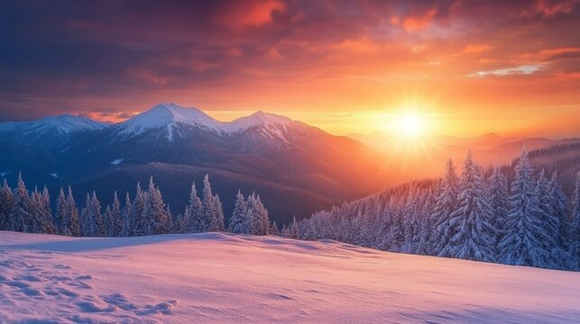 Glistening snow blankets a serene landscape as the sun rises, casting a warm glow over majestic peaks and towering evergreens, creating a magical winter atmosphere