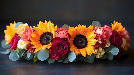 Fototapeta premium Exquisitely Crafted Sunflower and Rose Flower Crown a Stunning Botanical Accessory Perfect for Summer Festivals Weddings and Boho Inspired Occasions