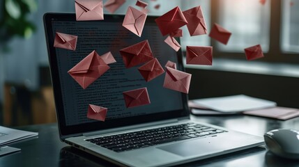 Laptop screen highlighting the stress of an overflowing inbox with urgent red notifications and paper envelopes around