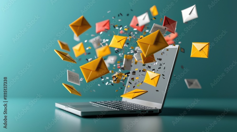 Aufkleber flying envelope icons surrounding a laptop screen overloaded with messages, set against a minimalist
