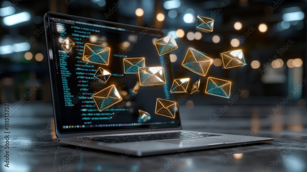 Poster abstract concept of a laptop screen overflowing with email messages, portrayed with glowing envelope