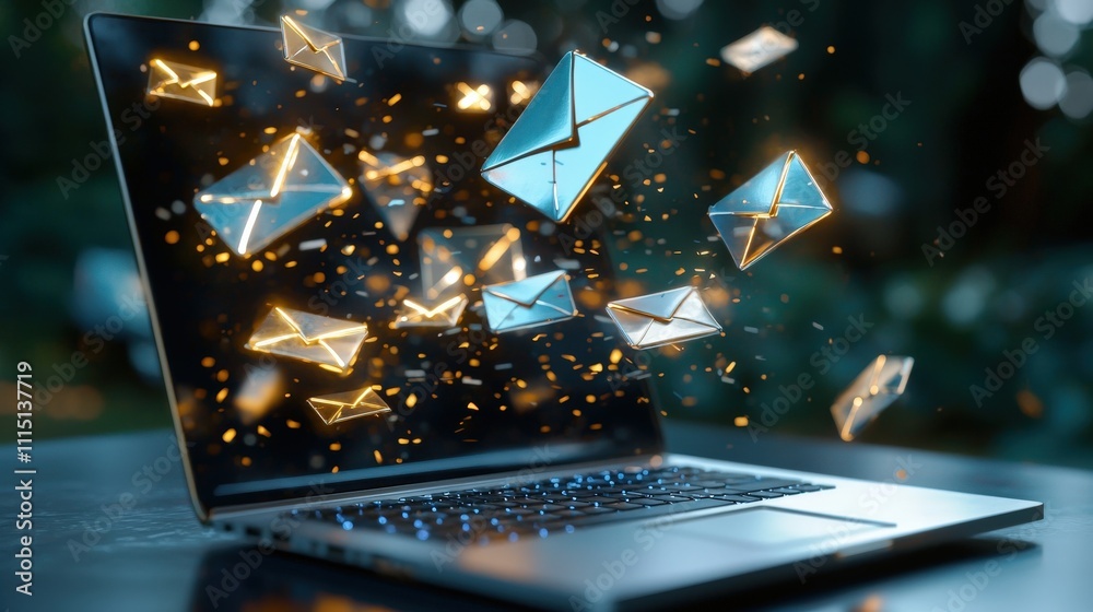 Aufkleber abstract concept of a laptop screen overflowing with email messages, portrayed with glowing envelope
