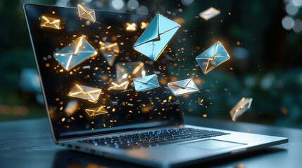 Abstract concept of a laptop screen overflowing with email messages, portrayed with glowing envelopes