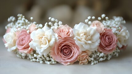 Obraz premium A beautifully crafted flower crown made with delicate white and pink roses surrounded by lush baby s breath perfect for adding a romantic elegant touch to weddings bridal showers