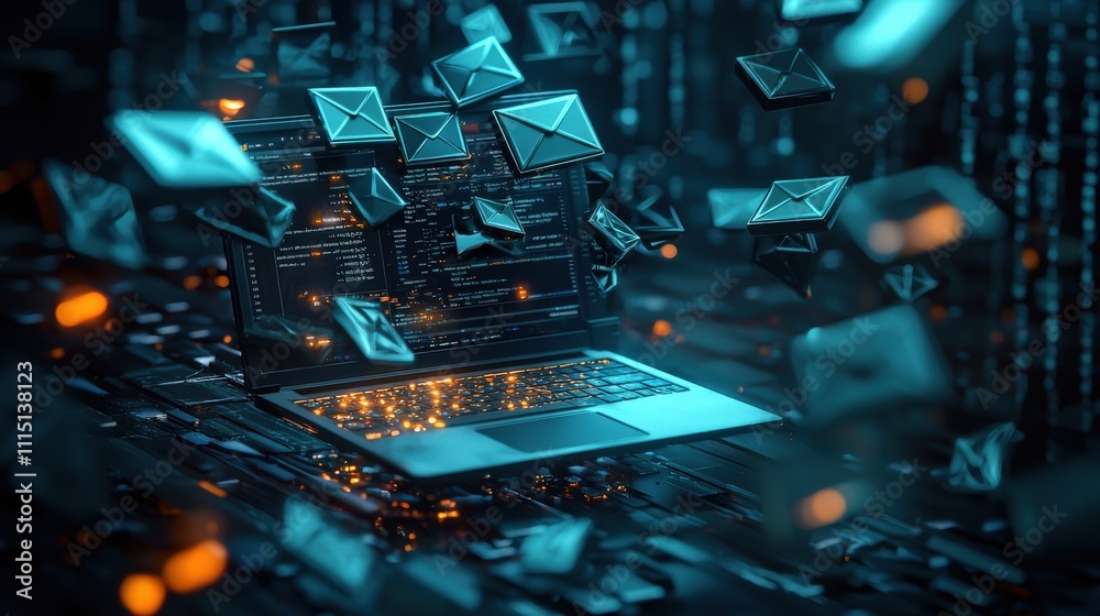 Aufkleber Dynamic visualization of an inbox overload, with a laptop emitting glowing envelope icons in a futuristic style