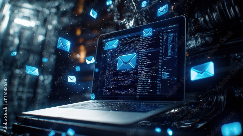 Leinwandbilder Laptop screen with an inbox notification count in the thousands, surrounded by digital email icons floating in space