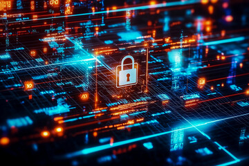 Digital security concept with a lock symbol over a network of data and connections