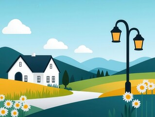 Fototapeta premium Village road with oldfashioned street lamps, traditional cottages, and fields of blooming wildflowers