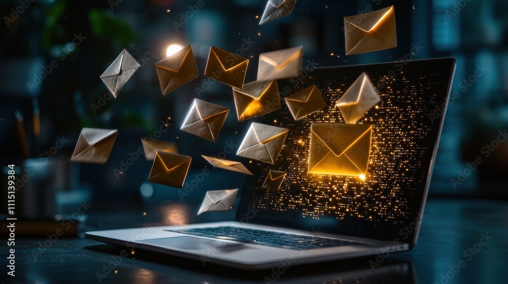 Aufkleber Abstract visualization of email overload with envelopes pouring out of a glowing laptop screen