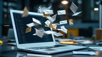 A laptop is open to a page with a lot of emails flying out of it