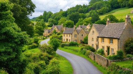 Winding village road through a valley, traditional stone cottages, and a crystalclear stream beside