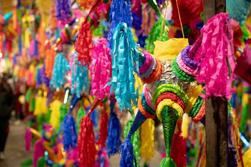 Piñatas season in a Mexican market, piñata background in christmas