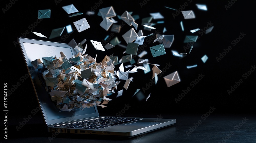 Aufkleber An exaggerated view of flying email icons surrounding a laptop with a full inbox on its screen