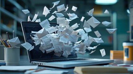 Overloaded laptop screen with email notifications popping up rapidly, symbolizing information overload in the digital age
