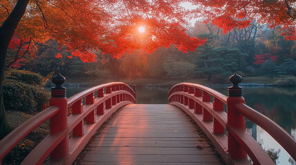 Naklejka premium Enchanted red bridge under autumn foliage at sunset in a tranquil park