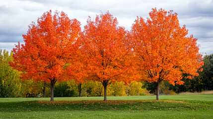 Bright orange trees display stunning autumn colors in a peaceful park setting