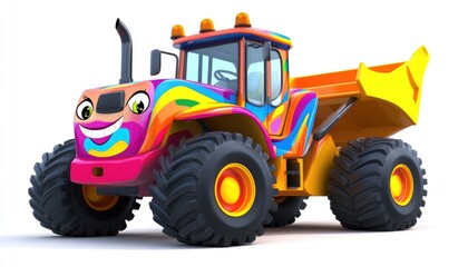 Obraz premium Colorful Tractor Smiles, Big Wheels Roll, Dumper Loads Joyfully, Bright Paint, Happy Design. Kids' Fun!